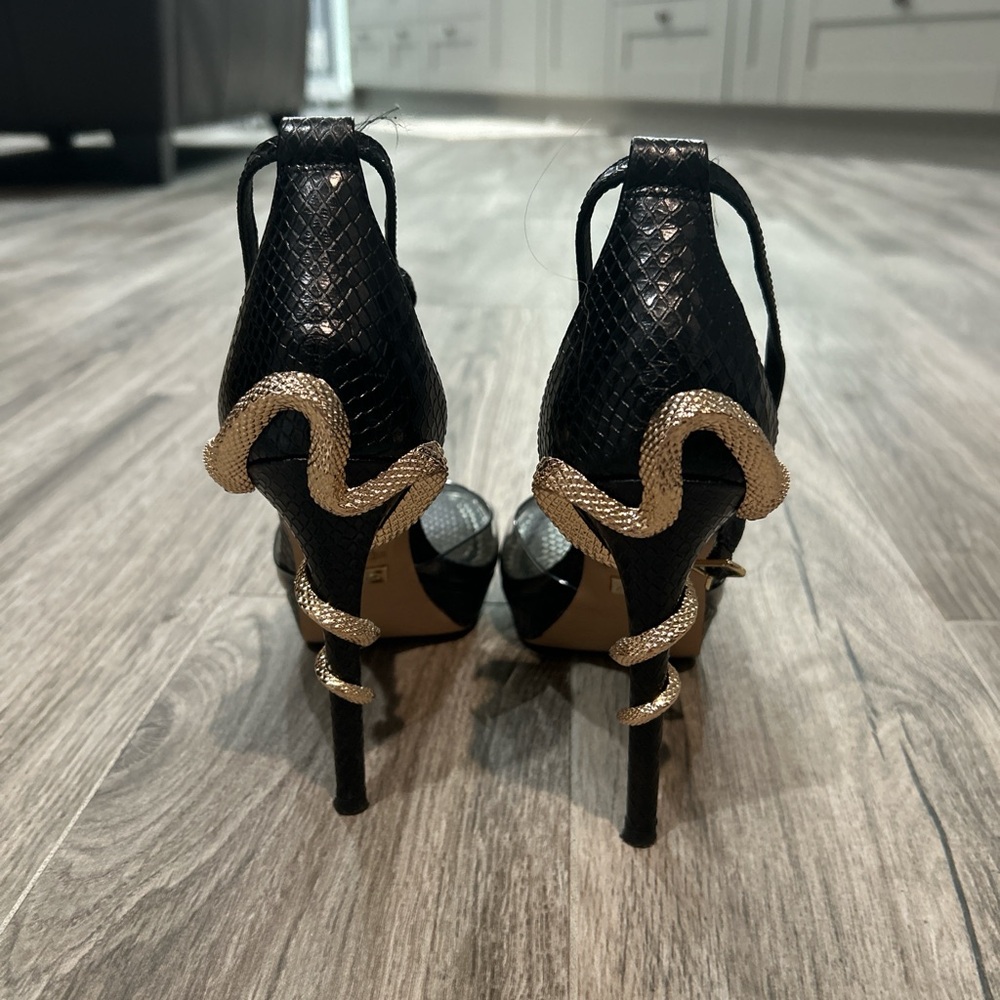 Aldo Black and Gold Peep-Toe Heels with Metallic Stiletto - Picture 4 of 5